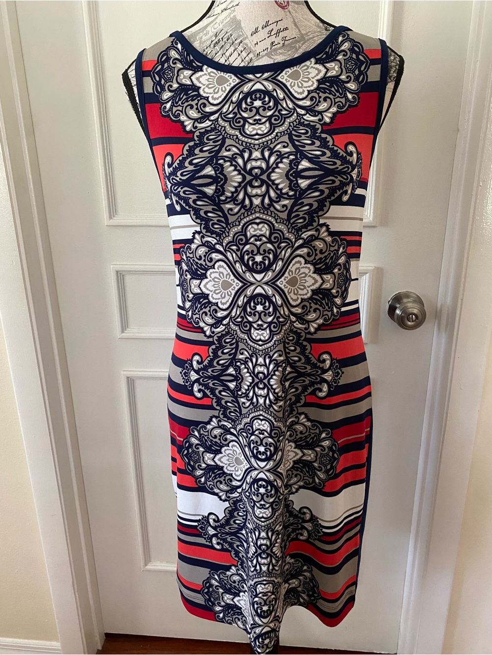 Banana Republic XS Medallion Print Sheath Dress Navy Coral Stretch - Picture 3 of 11